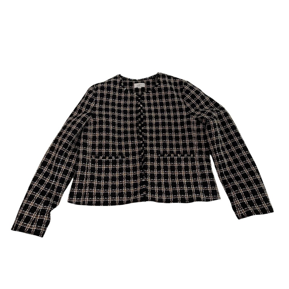 LOFT Outlet Womens Black White Plaid Tweed Fringe Collarless Blazer Jacket Sz 12